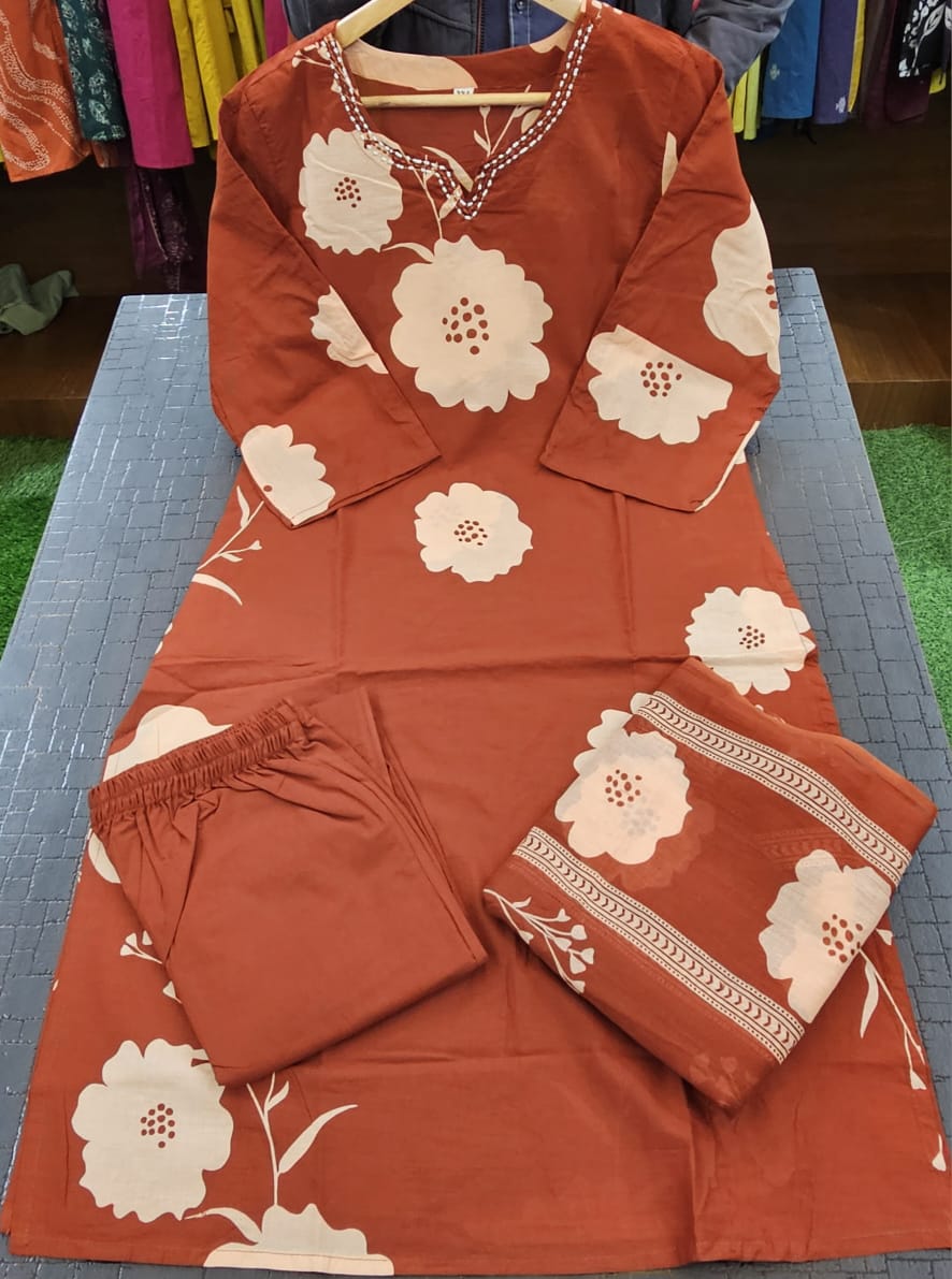 Clay Petals Cotton Kurti Set