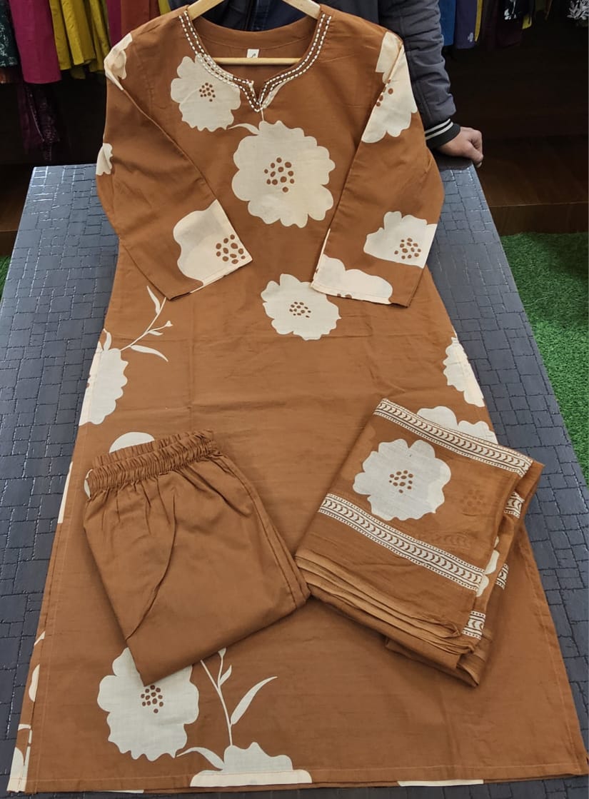 Clay Petals Cotton Kurti Set