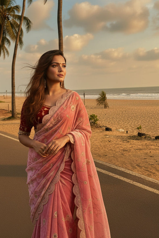 Shaam Rang Designer Partywear Sequins Satin Silk Saree