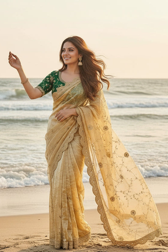 Shaam Rang Designer Partywear Sequins Satin Silk Saree