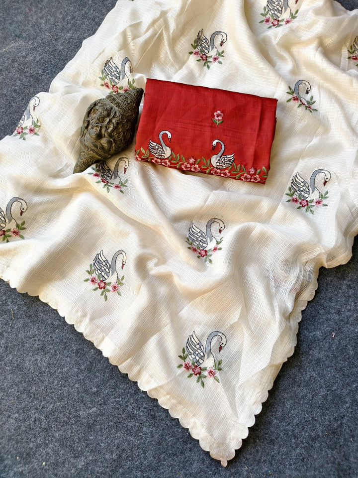 Afterlight White Kota Embroidery Saree