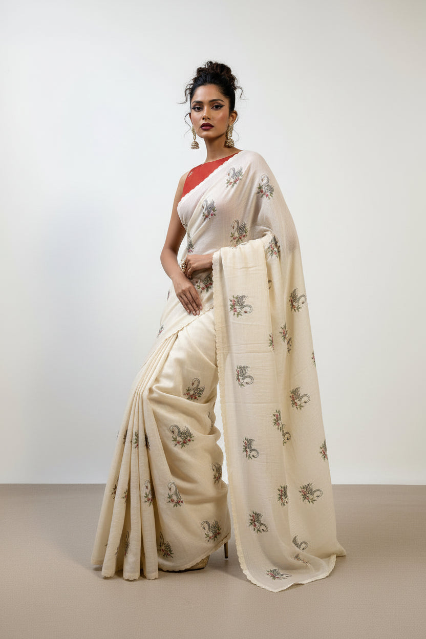 Afterlight White Kota Embroidery Saree