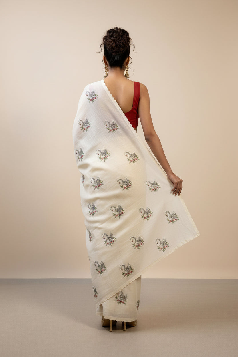 Afterlight White Kota Embroidery Saree