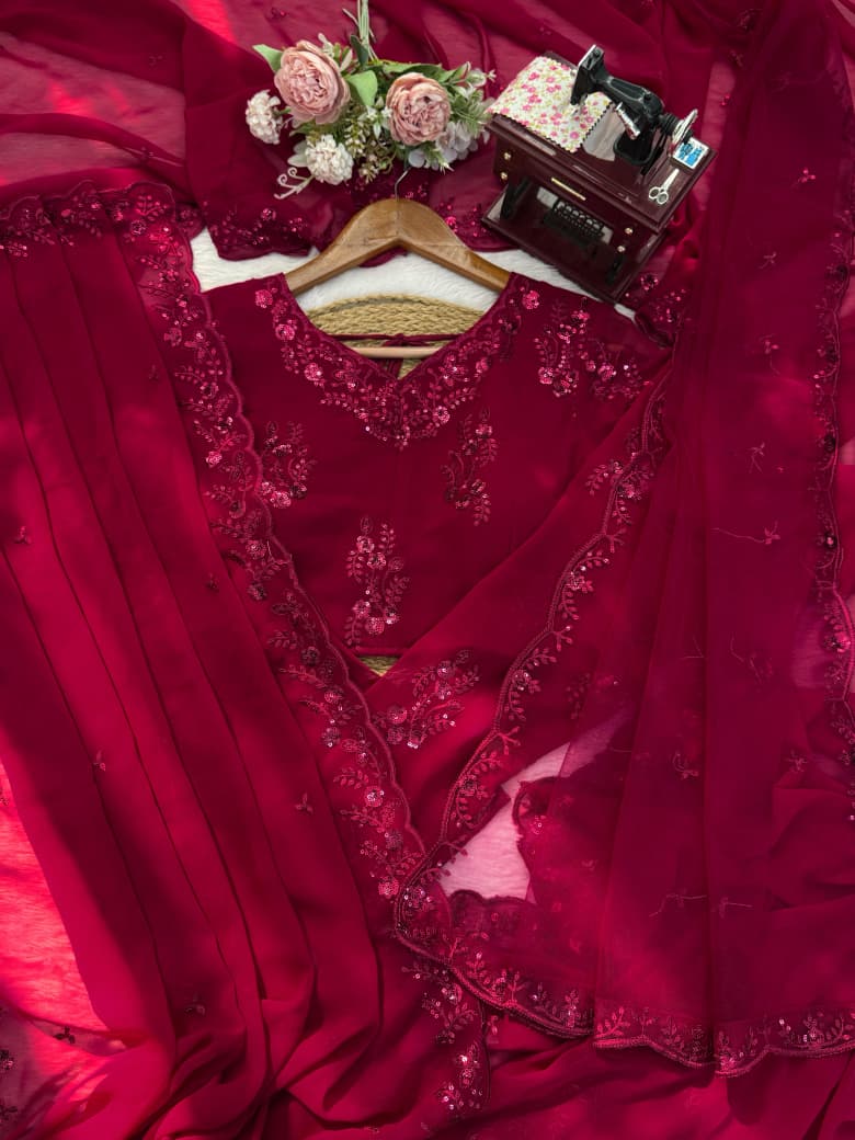 Red Kesar Georgette Partywear Silk Saree [ Dupatta With Unstitched Blouse]