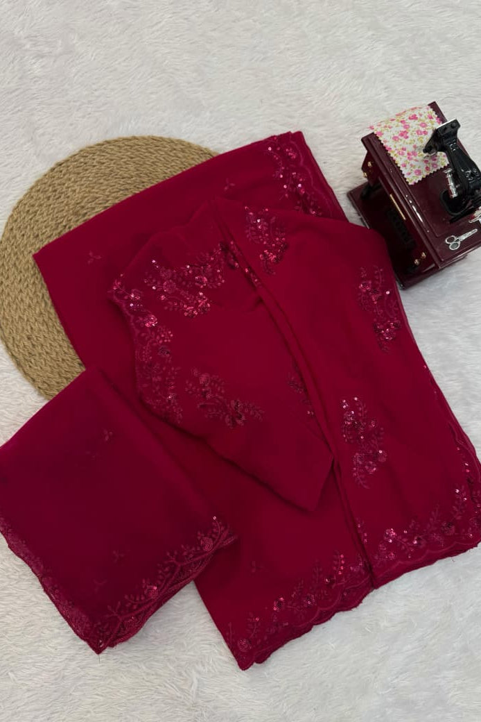 Red Kesar Georgette Partywear Silk Saree [ Dupatta With Unstitched Blouse]