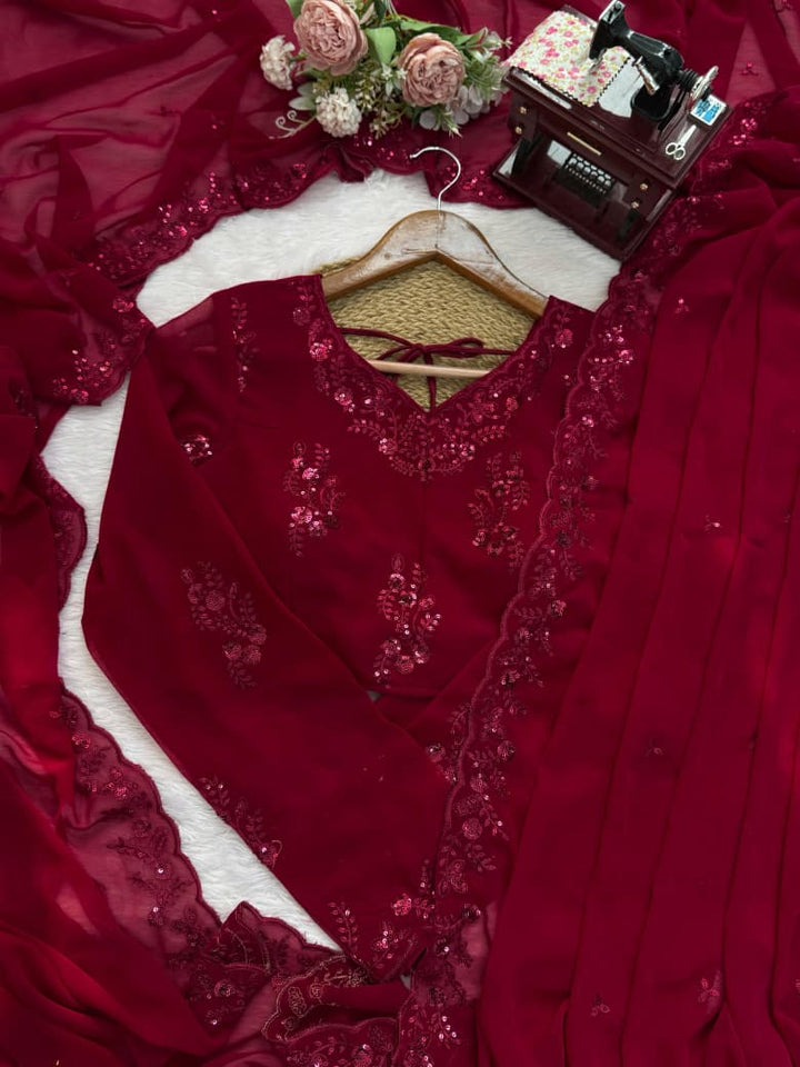 Red Kesar Georgette Partywear Silk Saree [ Dupatta With Unstitched Blouse]