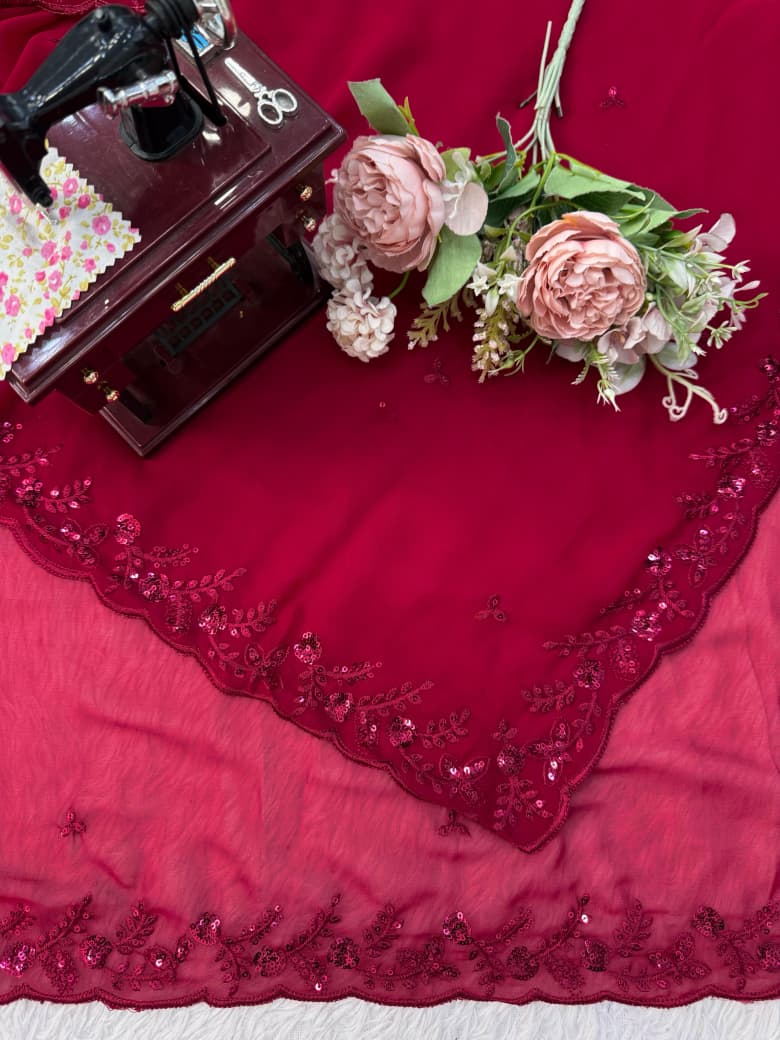 Red Kesar Georgette Partywear Silk Saree [ Dupatta With Unstitched Blouse]