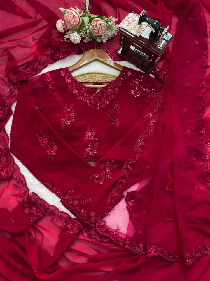 Red Kesar Georgette Partywear Silk Saree [ Dupatta With Unstitched Blouse]