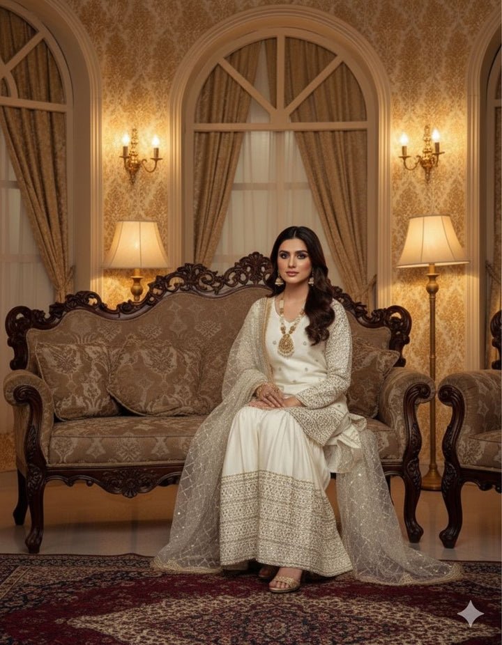 The White Satin Silk Sharara Set