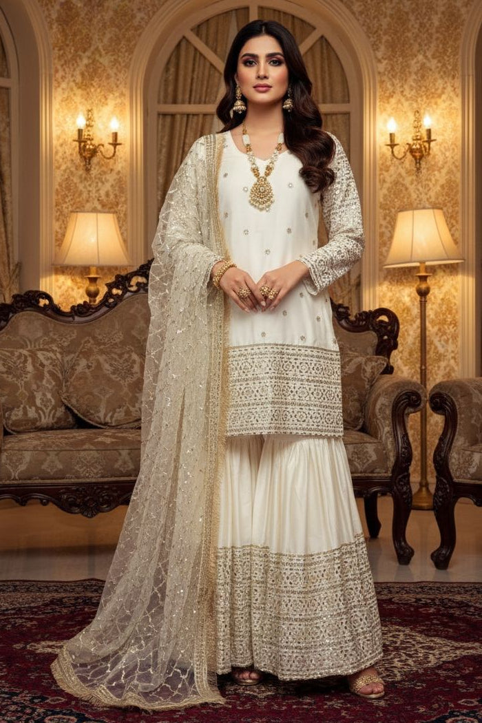 The White Satin Silk Sharara Set