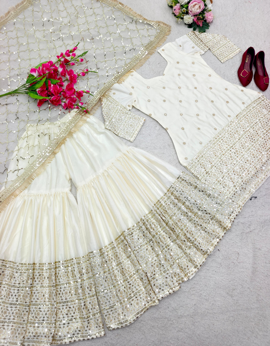 The White Satin Silk Sharara Set