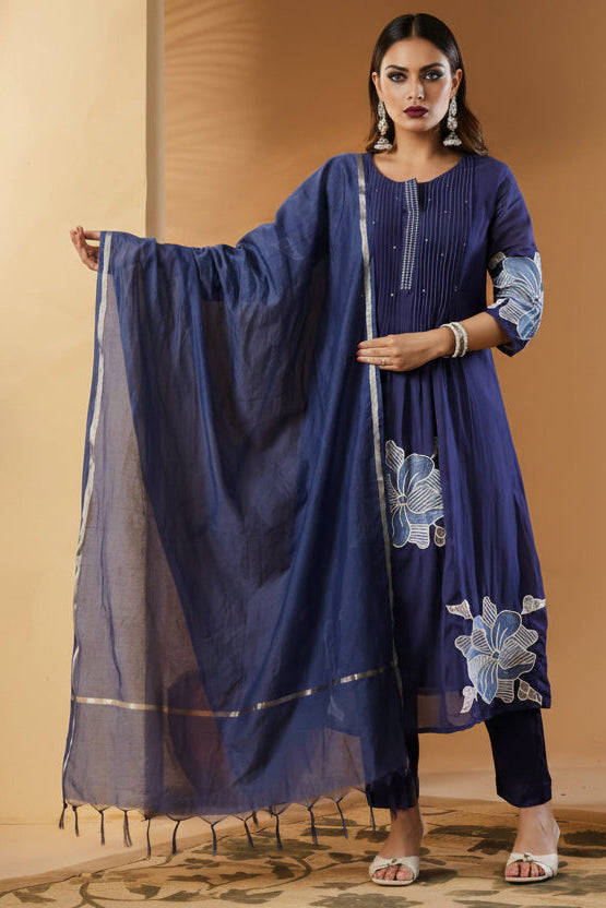 Those Days Blue Cotton Embroidery Kurti Set