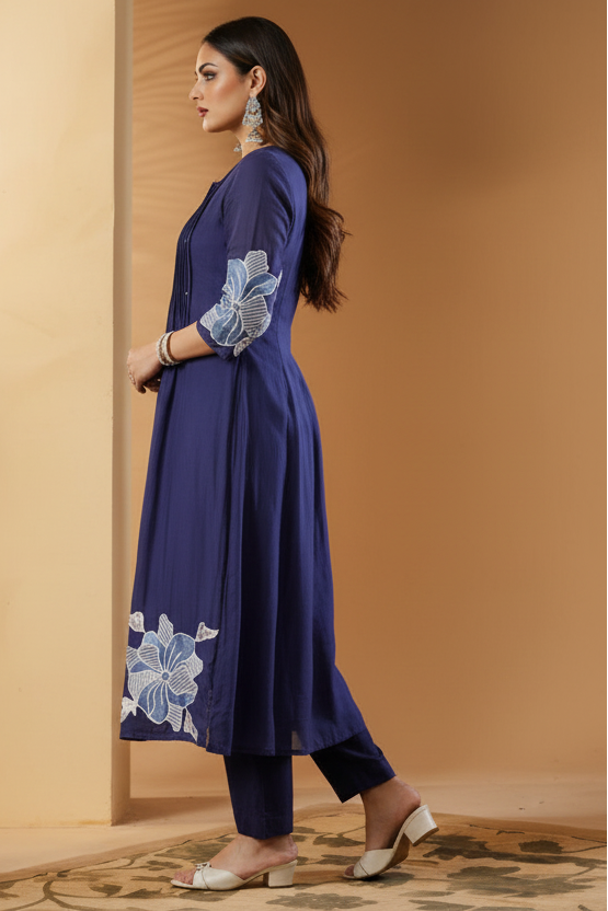 Those Days Blue Cotton Embroidery Kurti Set