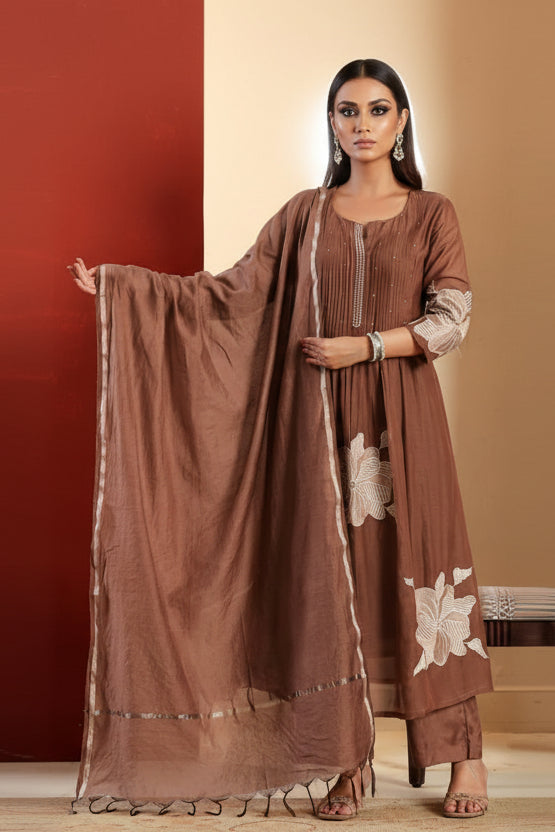 Those Days Brown Cotton Embroidery Kurti Set