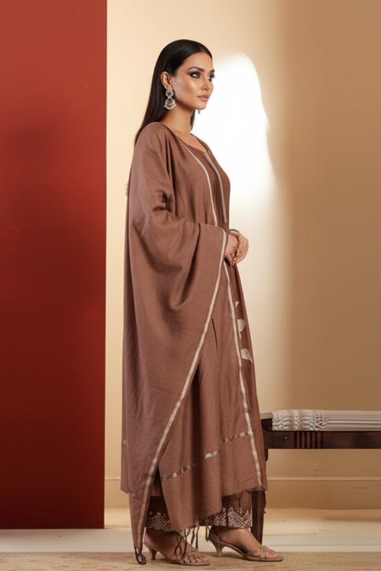 Those Days Brown Cotton Embroidery Kurti Set
