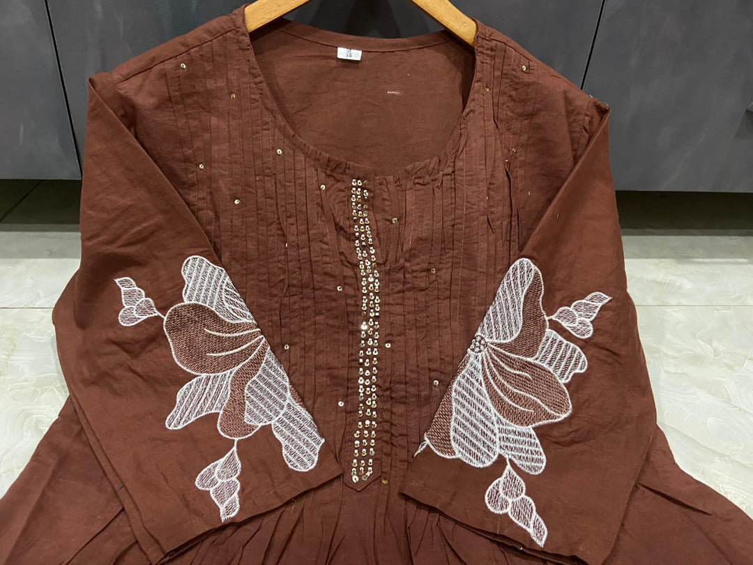 Those Days Brown Cotton Embroidery Kurti Set