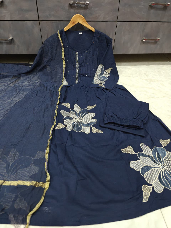 Those Days Blue Cotton Embroidery Kurti Set