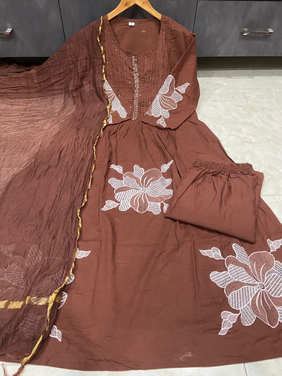 Those Days Brown Cotton Embroidery Kurti Set