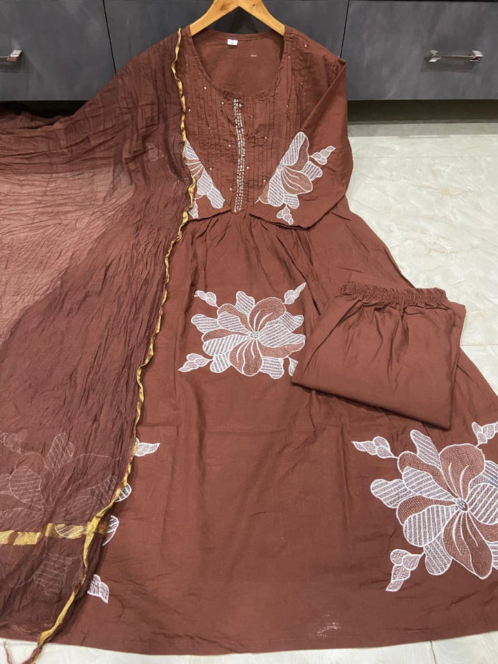 Those Days Brown Cotton Embroidery Kurti Set