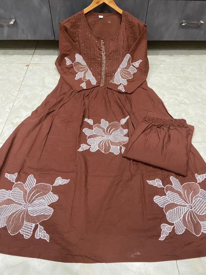 Those Days Brown Cotton Embroidery Kurti Set