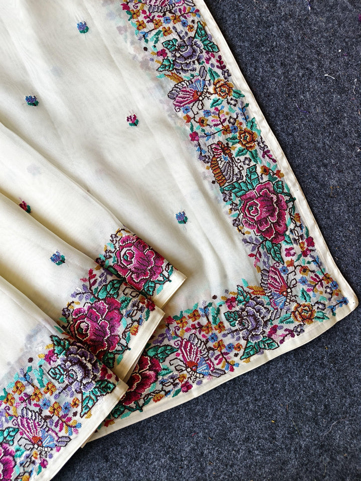 Blush With Designer Embroidery Tissue Silk Saree