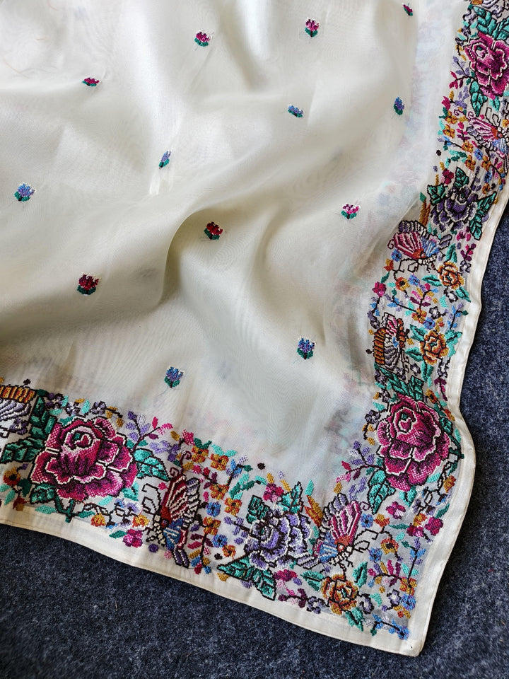 Blush With Designer Embroidery Tissue Silk Saree