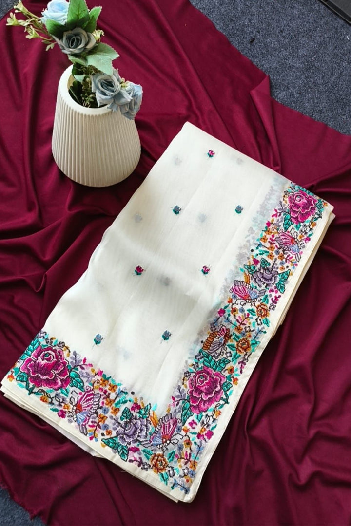 Blush With Designer Embroidery Tissue Silk Saree