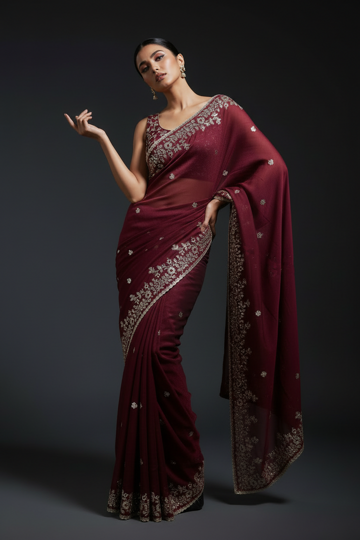 Petals of Devotion Designer Chiffon Embroidery Silk Saree
