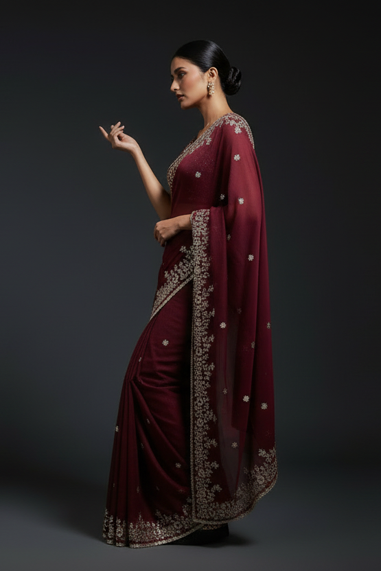 Petals of Devotion Designer Chiffon Embroidery Silk Saree