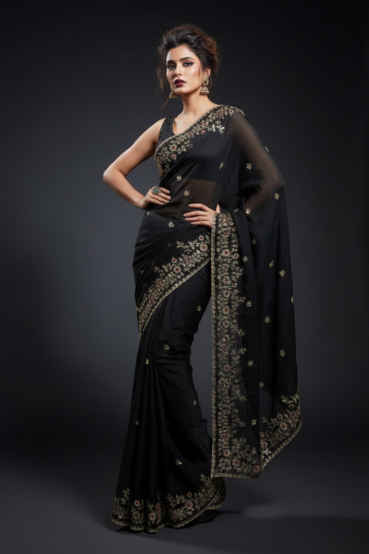 Petals of Devotion Designer Chiffon Embroidery Silk Saree