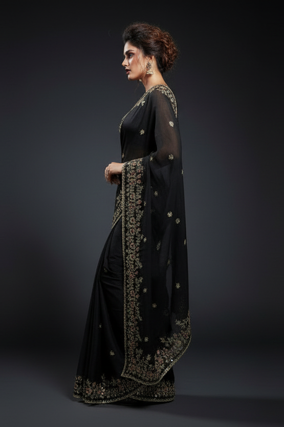 Petals of Devotion Designer Chiffon Embroidery Silk Saree