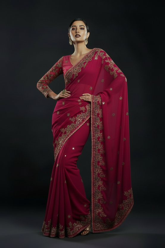 Petals of Devotion Designer Chiffon Embroidery Silk Saree