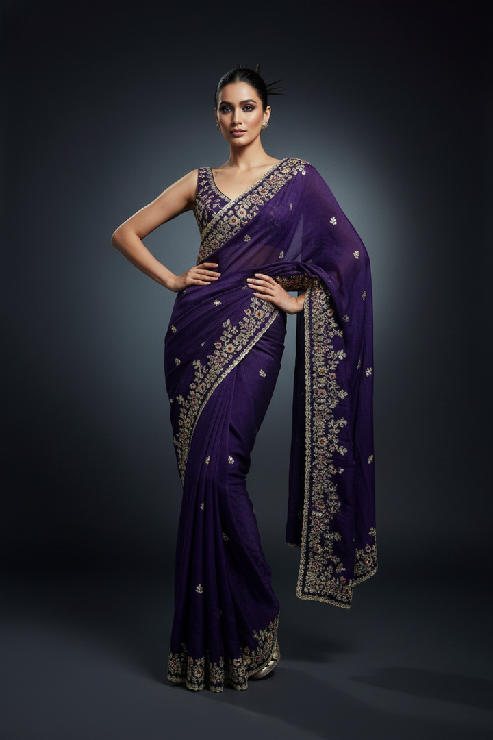 Petals of Devotion Designer Chiffon Embroidery Silk Saree