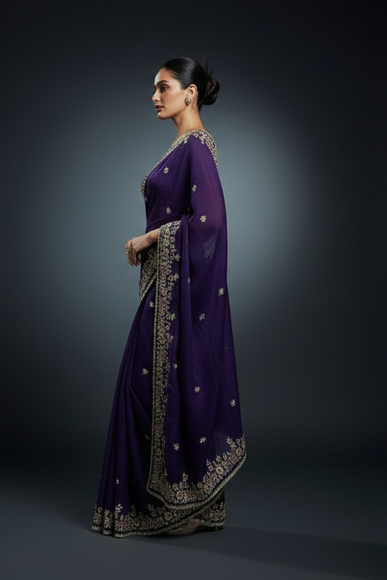 Petals of Devotion Designer Chiffon Embroidery Silk Saree