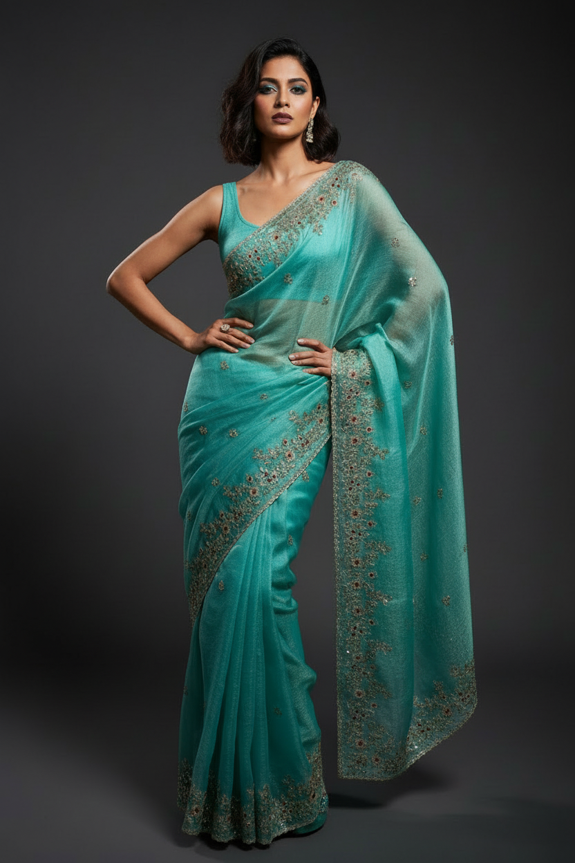Petals of Devotion Designer Chiffon Embroidery Silk Saree