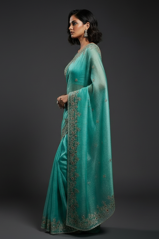 Petals of Devotion Designer Chiffon Embroidery Silk Saree