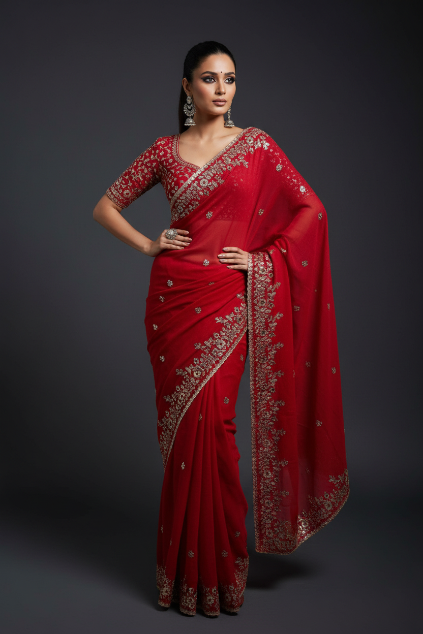 Petals of Devotion Designer Chiffon Embroidery Silk Saree