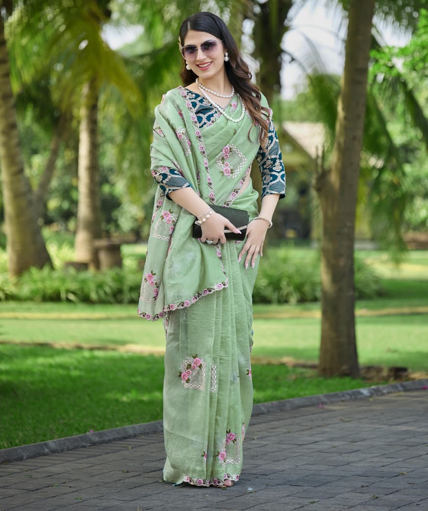 Bloom Reverence Designer Fancy Embroidery Silk Saree