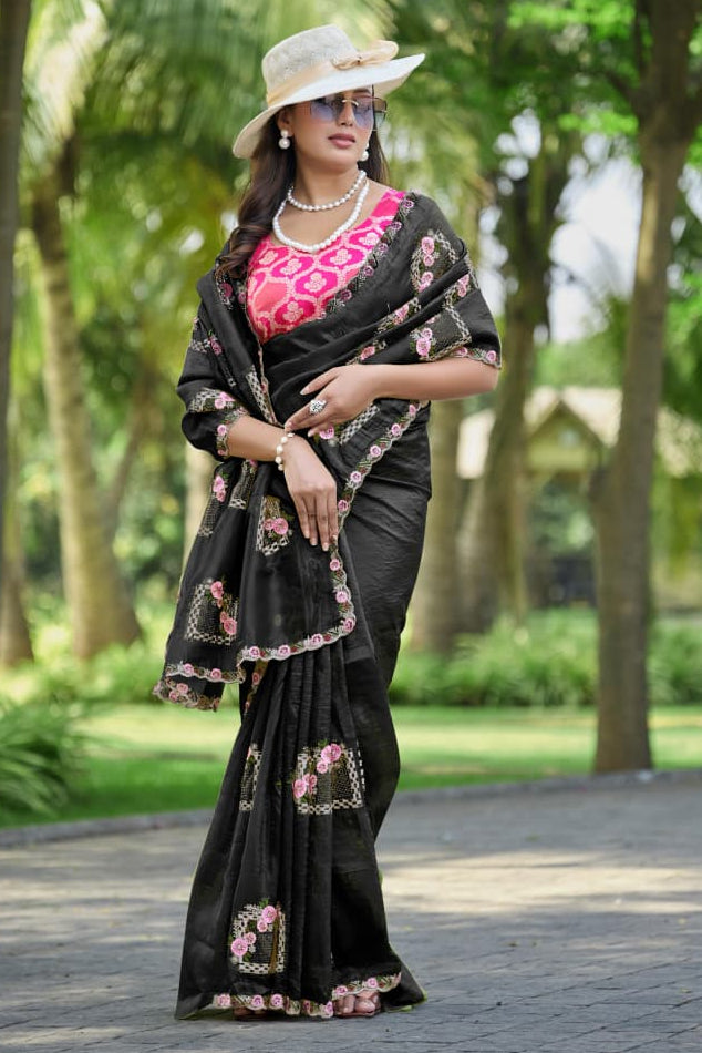 Bloom Reverence Designer Fancy Embroidery Silk Saree