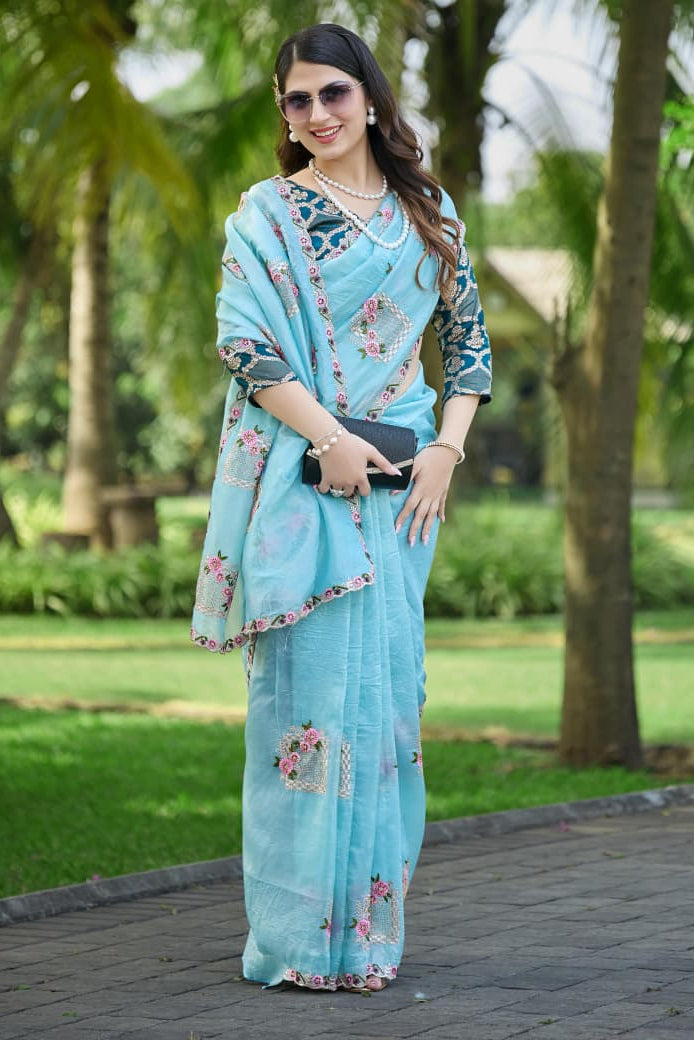 Bloom Reverence Designer Fancy Embroidery Silk Saree