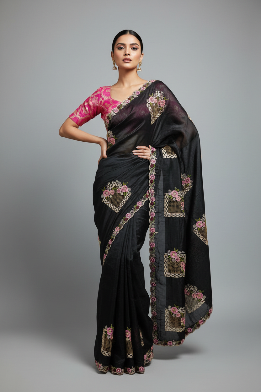 Bloom Reverence Designer Fancy Embroidery Silk Saree