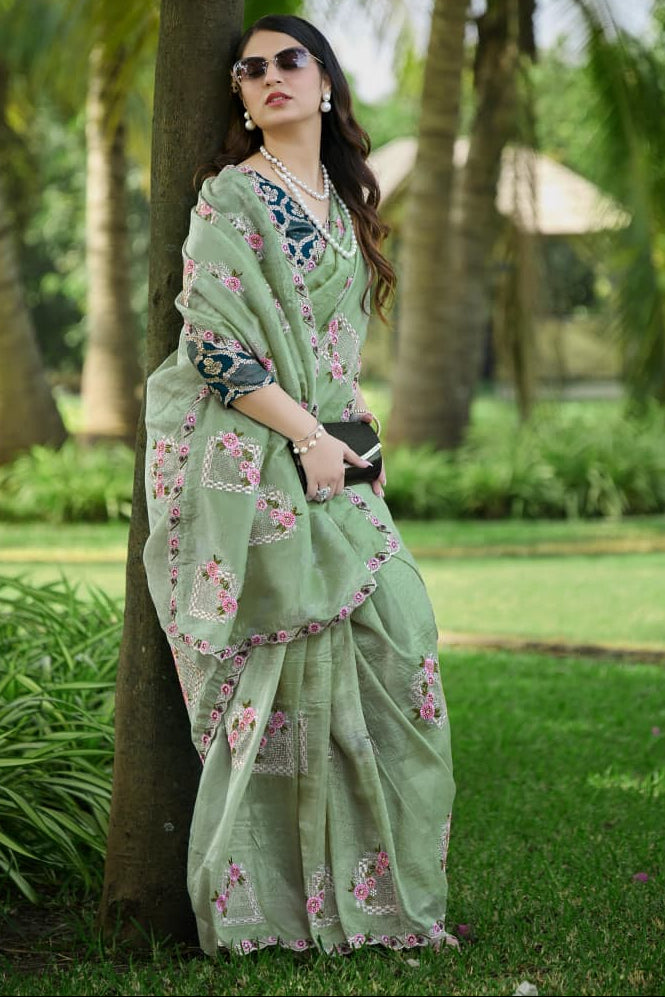 Bloom Reverence Designer Fancy Embroidery Silk Saree