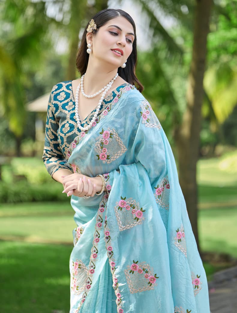 Bloom Reverence Designer Fancy Embroidery Silk Saree