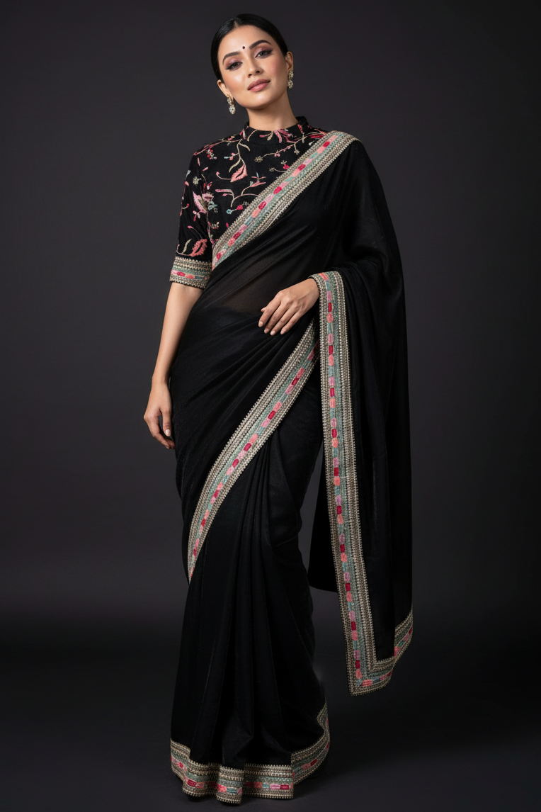 Black Secret Partywear Embroidery Saree