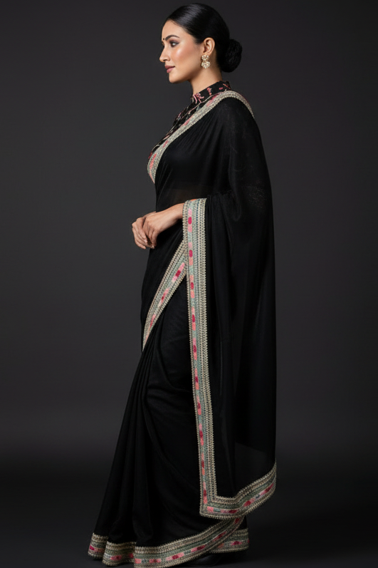 Black Secret Partywear Embroidery Saree