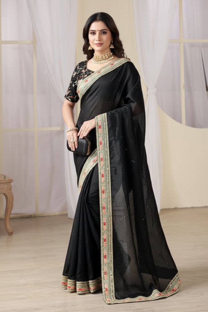 Black Secret Partywear Embroidery Saree