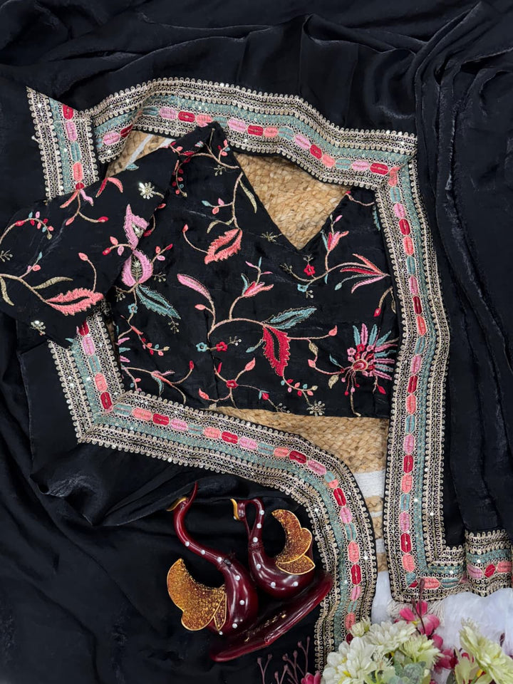 Black Secret Partywear Embroidery Saree