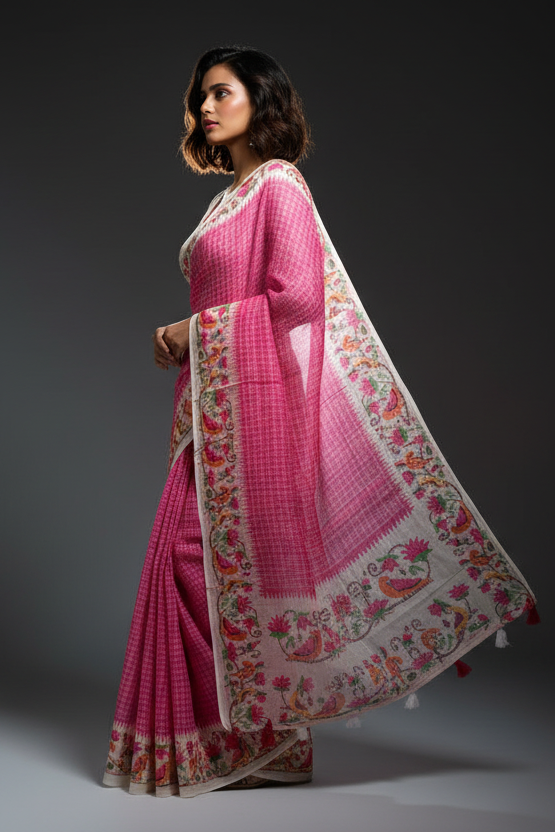 Blossom Haze Digital Print Linen Saree