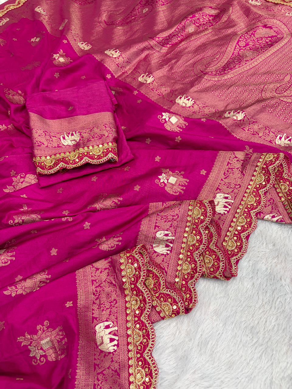 Flower and leaf Cotton dola silk Saree