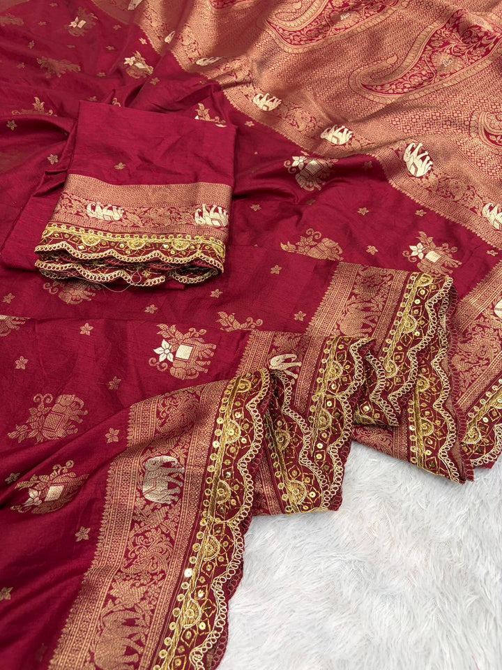 Flower and leaf Cotton dola silk Saree